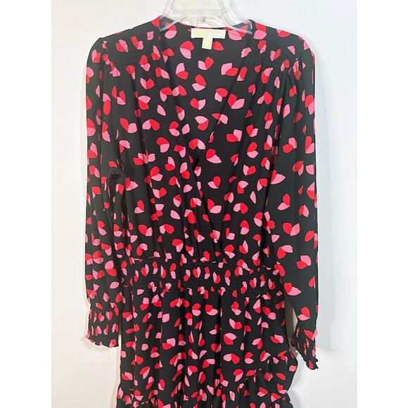 Michael Kors Red Pink Black Long Sleeve Petal Crepe Wrap Ruffle Dress Size XL - Picture 3 of 9